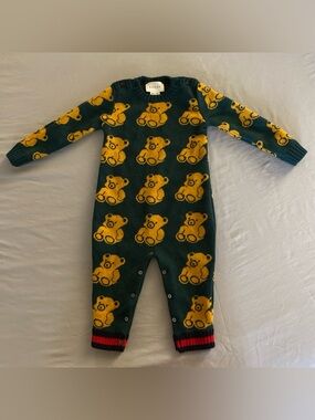 GUCCI KIDS Bears Jacquard Wool Baby 12M-18M Onesie with Buttons